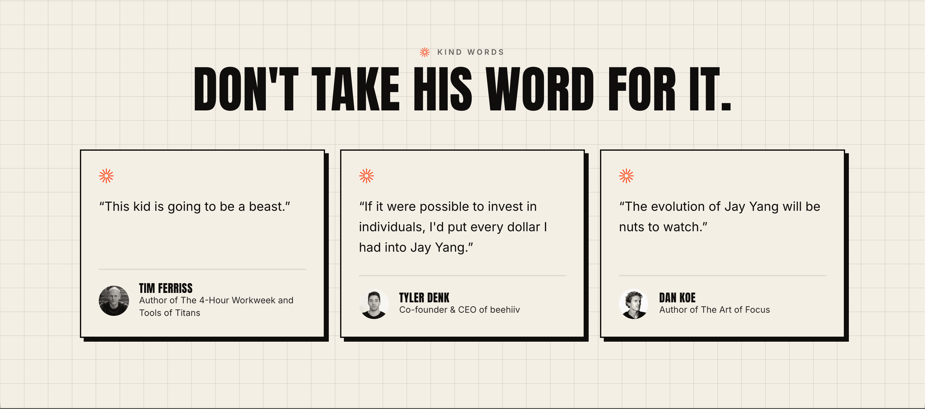 Names that vouch for him, up front — section of the new site