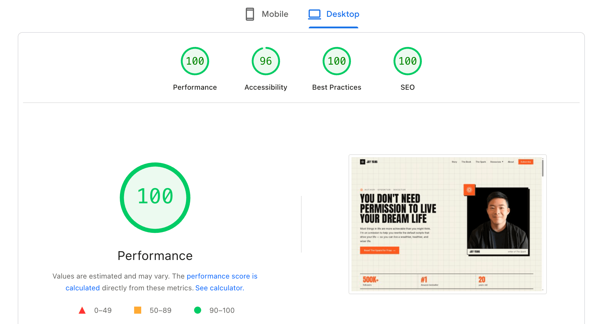 Google PageSpeed Insights Desktop report for Jay Yang's website: performance, accessibility, best practices, and SEO