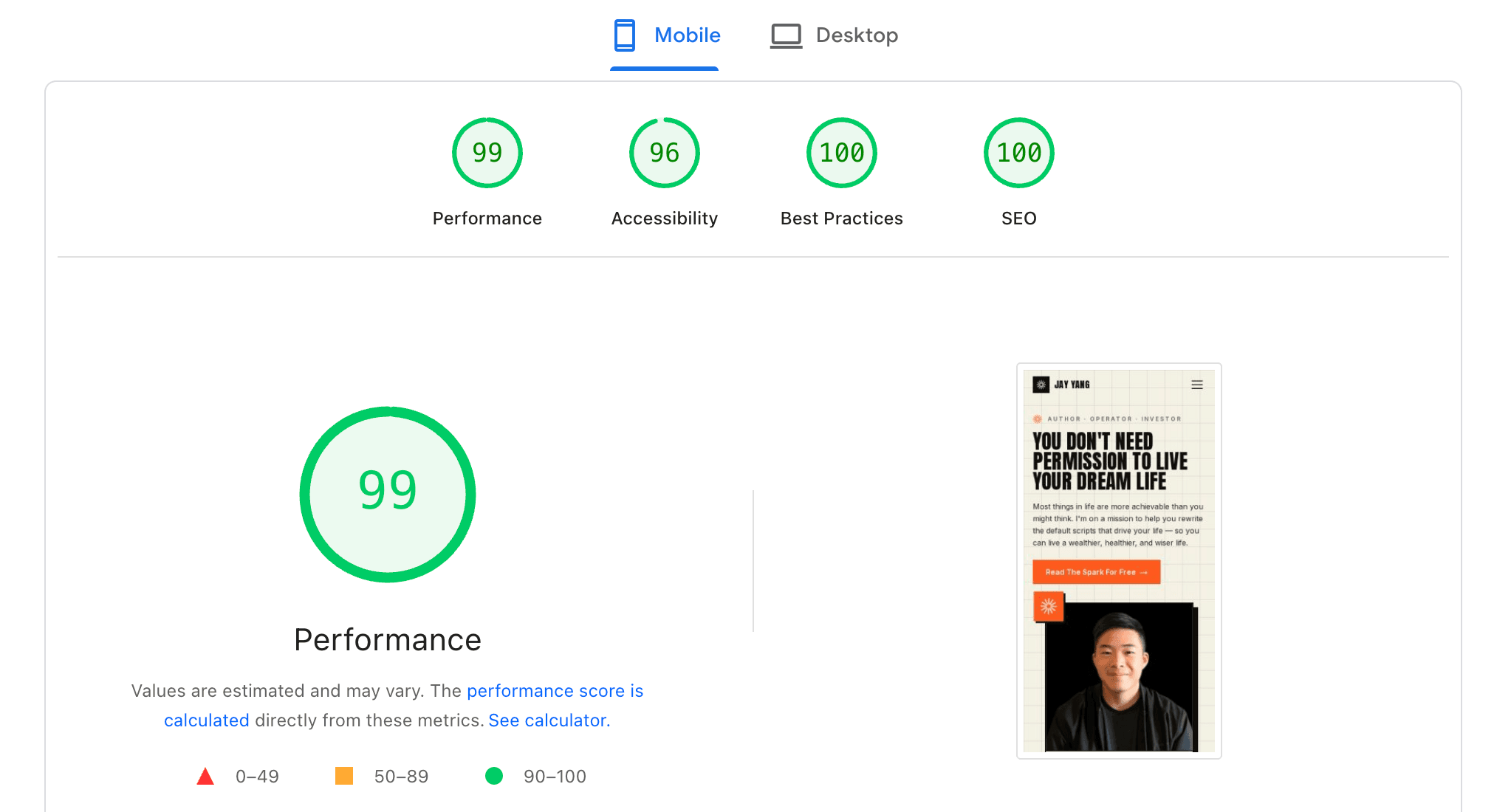 Google PageSpeed Insights Mobile report for Jay Yang's website: performance, accessibility, best practices, and SEO